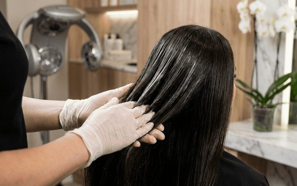 Hair treatment being applied to long dark hair