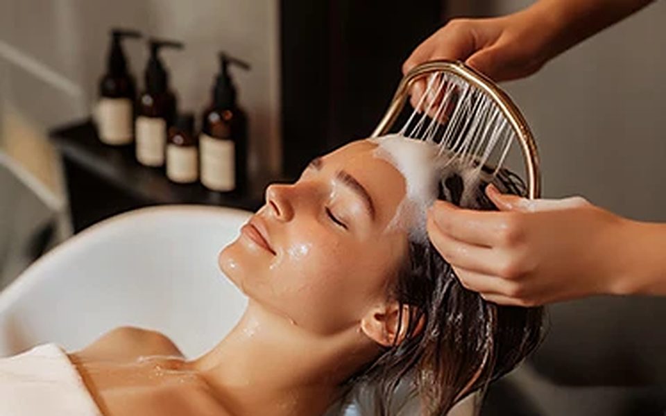 Head spa treatment with a scalp massage comb and shampoo